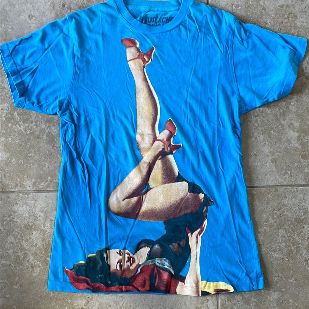 Blue Graphic Tee with Pin-Up Design